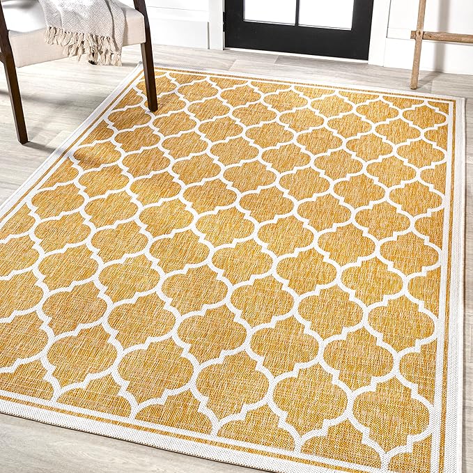 Eyely BMS109F-3 Santa Monica Trebol Moroccan Trellis Textured Weave Indoor/Outdoor Area Rug Coastal;Bohemian, Bedroom, Backyard, Patio, Easy-Cleaning, Non-Shedding, 3 X 5, Yellow/Cream