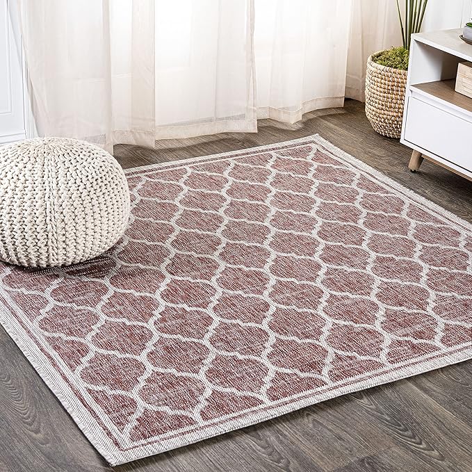 Eyely BMS109C-6SQ Santa Monica Trebol Moroccan Trellis Textured Weave, Pet Friendly, Non-Shedding, Stain Resistant, Easy-Cleaning, Red/Beige, 6' Square, Indoor/Outdoor, Area Rug