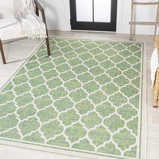 Eyely BMS109I-4 Santa Monica Trebol Moroccan Trellis Textured Weave Indoor/Outdoor Area Rug Coastal;Bohemian, Bedroom, Backyard, Patio, Easy-Cleaning, Non-Shedding, 4 X 6, Cream/Green