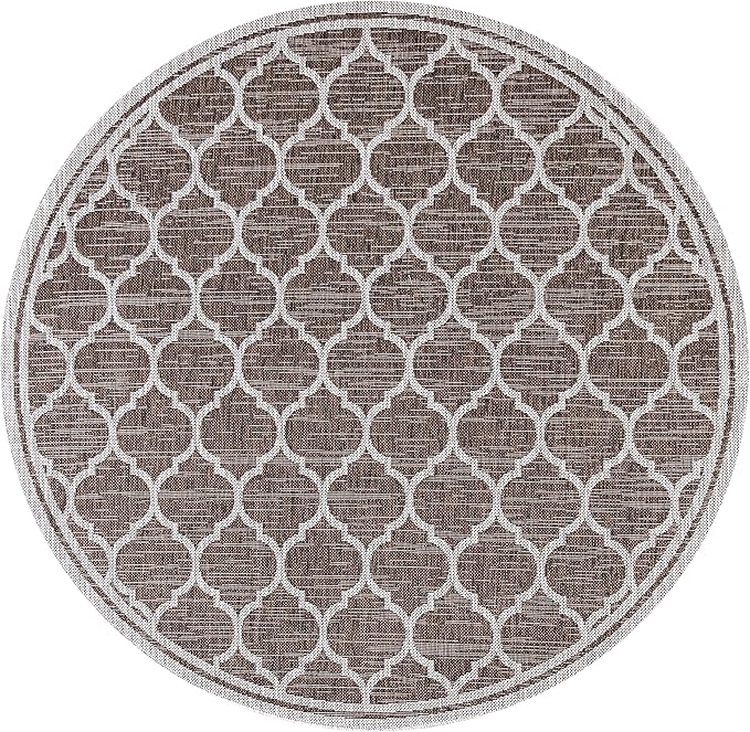 Eyely BMS109B-5R Santa Monica Trebol Moroccan Trellis Textured Weave Indoor/Outdoor Area Rug Coastal;Bohemian, Bedroom, Backyard, Patio, Easy-Cleaning, Non-Shedding, 5' Round, Espresso/Taupe