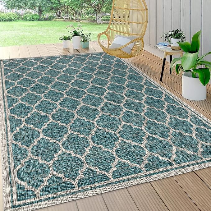 Eyely BMS109E-5 Santa Monica Trebol Moroccan Trellis Textured Weave Indoor/Outdoor Area Rug Coastal;Bohemian, Bedroom, Backyard, Patio, Easy-Cleaning, Non-Shedding, 5 X 8, Teal/Gray