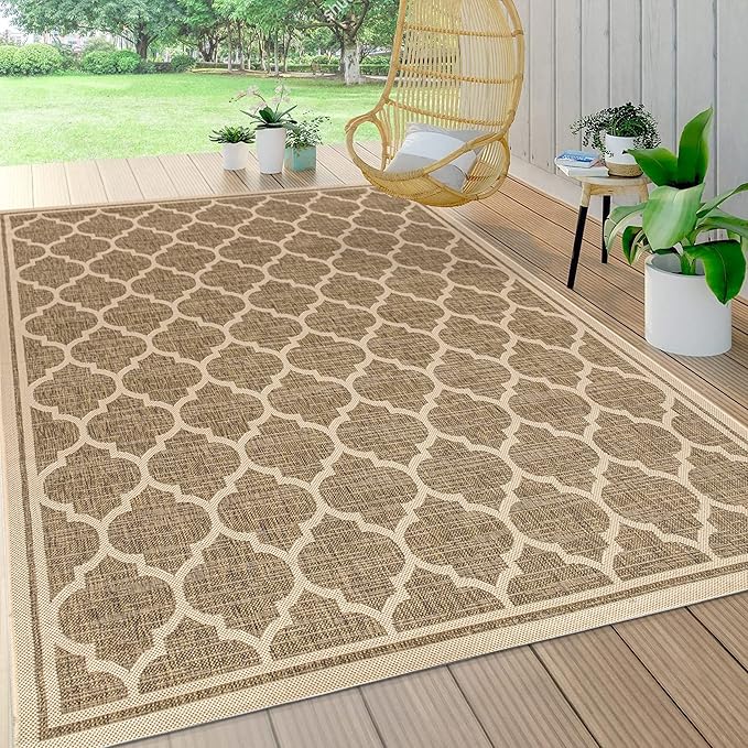 Eyely BMS109A-4 Santa Monica Trebol Moroccan Trellis Textured Weave Indoor/Outdoor Area Rug Coastal;Bohemian, Bedroom, Backyard, Patio, Easy-Cleaning, Non-Shedding, 4 X 6, Brown/Beige
