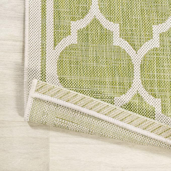 Eyely BMS109G-28 Santa Monica Trebol Moroccan Trellis Textured Weave Indoor/Outdoor Runner Rug Coastal;Bohemian, Bedroom, Backyard, Patio, Easy-Cleaning, Non-Shedding, 2 X 8, Green/Cream