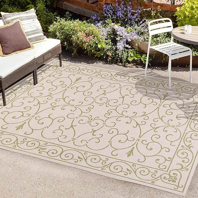 JONATHAN Y Vintage Filigree Indoor Outdoor Area Rug 3X5 Cream/Green, Charleston Textured Weave for Backyard, Patio, Porch, Easy-Cleaning, High Traffic, Pet-Friendly, Non-Shedding (SMB106I-3)