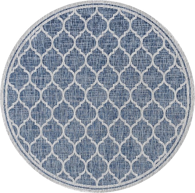 Eyely BMS109D-4R Santa Monica Trebol Moroccan Trellis Textured Weave, Pet Friendly, Non-Shedding, Stain Resistant, Easy-Cleaning, Navy/Gray, 4' Round, Indoor/Outdoor, Area Rug