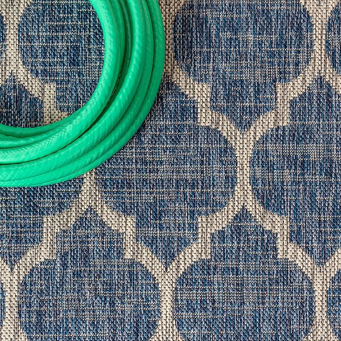 Eyely BMS109D-4SQ Santa Monica Trebol Moroccan Trellis Textured Weave, Pet Friendly, Non-Shedding, Stain Resistant, Easy-Cleaning, Navy/Gray, 4' Square, Indoor/Outdoor, Area Rug