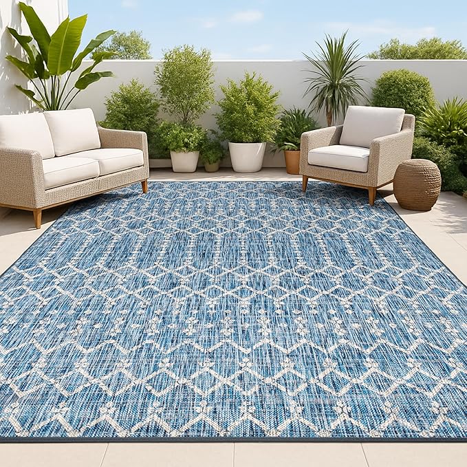 JONATHAN Y Moroccan Geometric Indoor Outdoor Area Rug 8X10 Navy/Light Gray, Ourika Textured Weave for Backyard, Patio, Porch, Easy-Cleaning, High Traffic, Pet-Friendly, Non-Shedding (SMB108B-8)