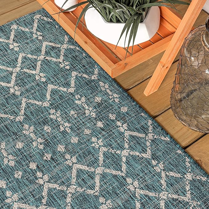 JONATHAN Y SMB108C-28 Ourika Moroccan Geometric Textured Weave Indoor Outdoor Runner Rug, Bohemian, Rustic, Scandinavian Easy Cleaning,Bedroom,Kitchen,Backyard,Patio,Non Shedding, Teal/Gray, 2 X 8