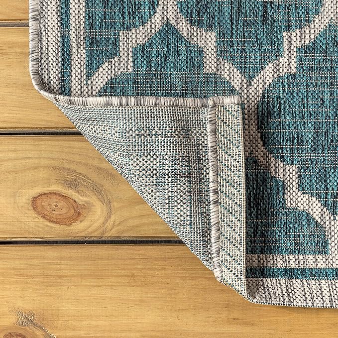 Eyely BMS109E-28 Santa Monica Trebol Moroccan Trellis Textured Weave Indoor/Outdoor Runner Rug Coastal;Bohemian, Bedroom, Backyard, Patio, Easy-Cleaning, Non-Shedding, 2 X 8, Teal/Gray