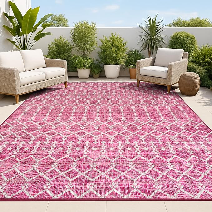 JONATHAN Y Moroccan Geometric Indoor Outdoor Area Rug 9X12 Fuchsia/Light Gray, Ourika Textured Weave for Backyard, Patio, Porch, Easy-Cleaning, High Traffic, Pet-Friendly, Non-Shedding (SMB108Q-9)