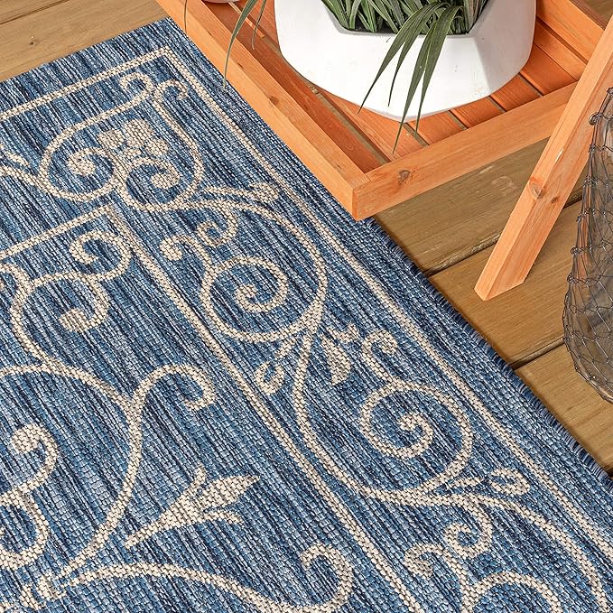 JONATHAN Y SMB106D-4R Charleston Vintage Filigree Textured Weave Navy/Gray 4' Round Indoor/Outdoor Area Rug, Pet Friendly, Non-Shedding, Stain Resistant, Easy-Cleaning for Backyard, Patio, Porch