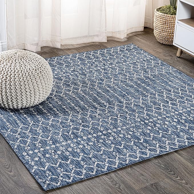 JONATHAN Y SMB108B-8SQ Ourika Moroccan Geometric Textured Weave Indoor/Outdoor Area Rug, Bohemian, Scandinavian for Bedroom, Kitchen, Living Room, Easy-Cleaning, Navy/Light Gray, 8' Square