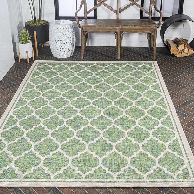 Eyely BMS109I-8 Santa Monica Trebol Moroccan Trellis Textured Weave Indoor/Outdoor Area Rug Coastal;Bohemian, Bedroom, Backyard, Patio, Easy-Cleaning, Non-Shedding, 8 X 10, Cream/Green