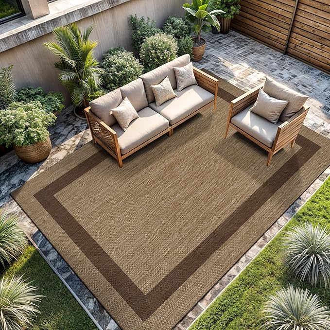 CAMILSON Outdoor Rug 8x10 - Modern Outside Rugs for Patios Porches Waterproof Durable Washable Non-Shedding, Easy-to-Clean Indoor Outdoor Area Carpet (8 x 10, Bordered - Jute)