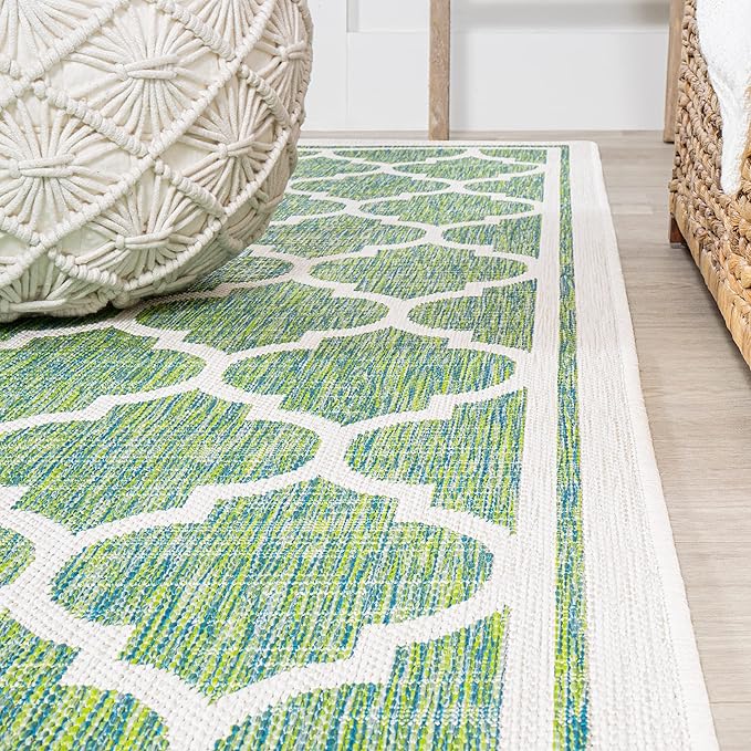 Eyely BMS109I-28 Santa Monica Trebol Moroccan Trellis Textured Weave Indoor/Outdoor Runner Rug Coastal;Bohemian, Bedroom, Backyard, Patio, Easy-Cleaning, Non-Shedding, 2 X 8, Cream/Green