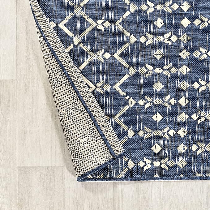 JONATHAN Y SMB108K-8R Ourika Moroccan Geometric Textured Weave Navy/Beige 8' Round Indoor/Outdoor Area Rug, Pet Friendly, Non-Shedding, Stain Resistant, Easy-Cleaning for Backyard, Patio, Porch