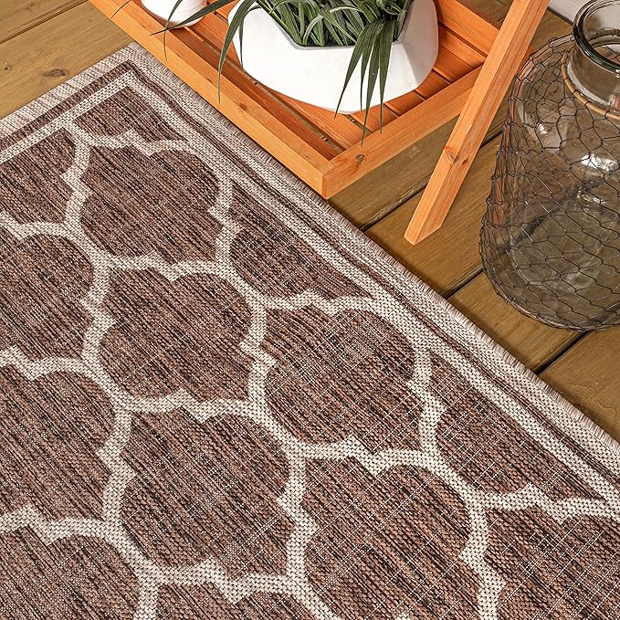 Eyely BMS109B-5R Santa Monica Trebol Moroccan Trellis Textured Weave Indoor/Outdoor Area Rug Coastal;Bohemian, Bedroom, Backyard, Patio, Easy-Cleaning, Non-Shedding, 5' Round, Espresso/Taupe