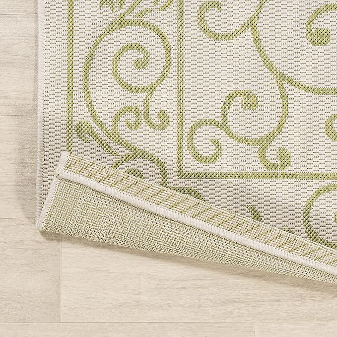 JONATHAN Y SMB106I-5R Charleston Vintage Filigree Textured Weave Indoor Outdoor Area Rug, Bohemian Coastal Traditional Easy Cleaning,Bedroom,Kitchen,Backyard,Patio,Non Shedding, 5' Round, Cream/Green