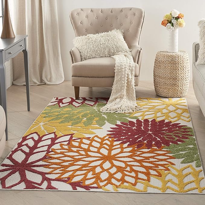 Nourison Aloha Indoor/Outdoor Red Multi Colored 5'3" x 7'5" Area Rug, Tropical, Botanical, Easy Cleaning, Non Shedding, Bed Room, Living Room, Dining Room, Deck, Backyard, Patio (5x7)