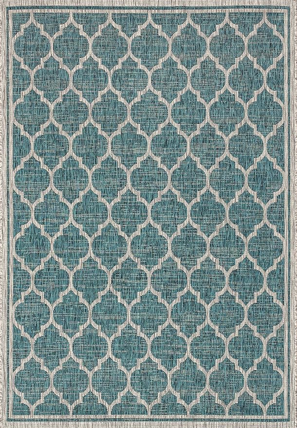 Eyely BMS109E-3 Santa Monica Trebol Moroccan Trellis Textured Weave Indoor/Outdoor Area Rug Coastal;Bohemian, Bedroom, Backyard, Patio, Easy-Cleaning, Non-Shedding, 3 X 5, Teal/Gray