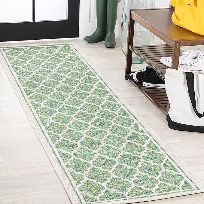 Eyely BMS109I-28 Santa Monica Trebol Moroccan Trellis Textured Weave Indoor/Outdoor Runner Rug Coastal;Bohemian, Bedroom, Backyard, Patio, Easy-Cleaning, Non-Shedding, 2 X 8, Cream/Green