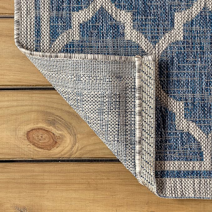 Eyely BMS109D-4SQ Santa Monica Trebol Moroccan Trellis Textured Weave, Pet Friendly, Non-Shedding, Stain Resistant, Easy-Cleaning, Navy/Gray, 4' Square, Indoor/Outdoor, Area Rug