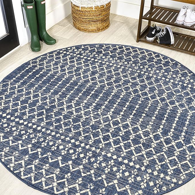 JONATHAN Y SMB108K-4R Ourika Moroccan Geometric Textured Weave Navy/Beige 4' Round Indoor/Outdoor Area Rug, Pet Friendly, Non-Shedding, Stain Resistant, Easy-Cleaning for Backyard, Patio, Porch