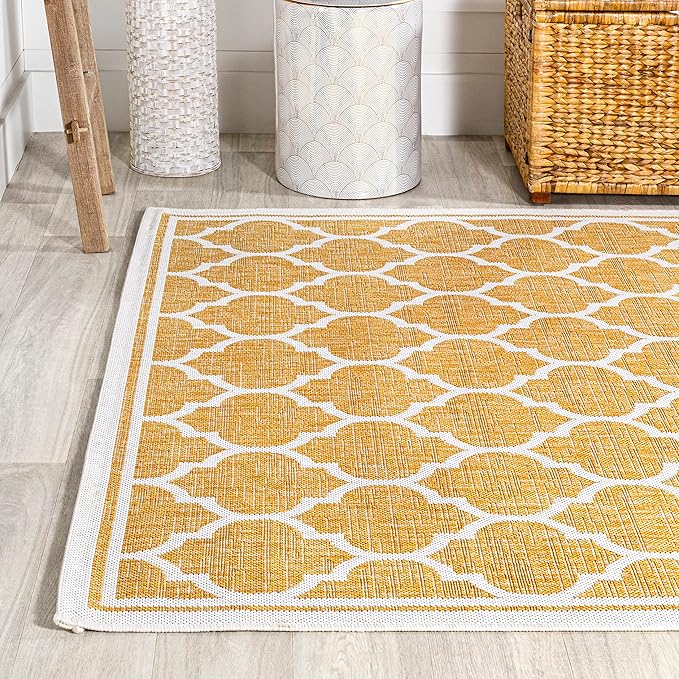Eyely BMS109F-8 Santa Monica Trebol Moroccan Trellis Textured Weave Indoor/Outdoor Area Rug Coastal;Bohemian, Bedroom, Backyard, Patio, Easy-Cleaning, Non-Shedding, 8 X 10, Yellow/Cream