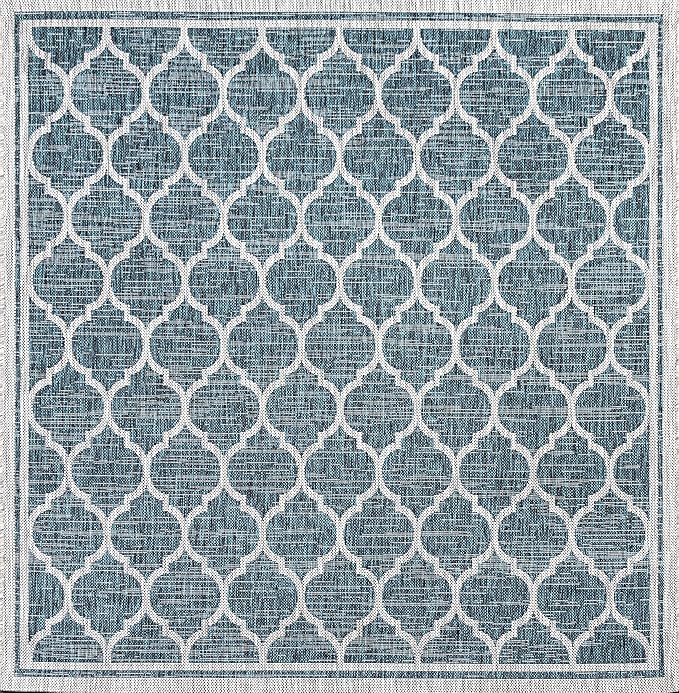 Eyely BMS109E-4SQ Santa Monica Trebol Moroccan Trellis Textured Weave, Pet Friendly, Non-Shedding, Stain Resistant, Easy-Cleaning, Teal/Gray, 4' Square, Indoor/Outdoor, Area Rug