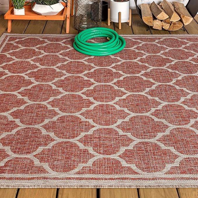 Eyely BMS109C-8 Santa Monica Trebol Moroccan Trellis Textured Weave Indoor/Outdoor Area Rug Coastal;Bohemian, Bedroom, Backyard, Patio, Easy-Cleaning, Non-Shedding, 8 X 10, Red/Beige