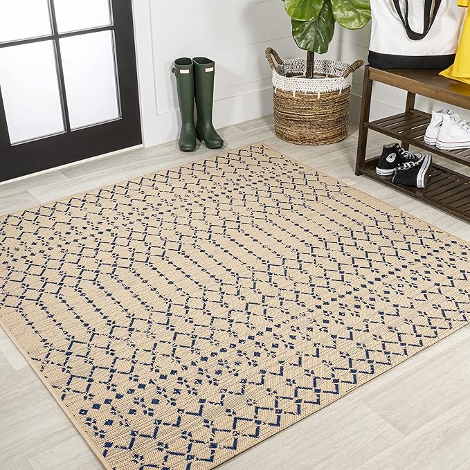 JONATHAN Y SMB108H-8SQ Ourika Moroccan Geometric Textured Weave Beige/Navy 8' Square Indoor/Outdoor Area Rug, Pet Friendly, Non-Shedding, Stain Resistant, Easy-Cleaning for Backyard, Patio, Porch
