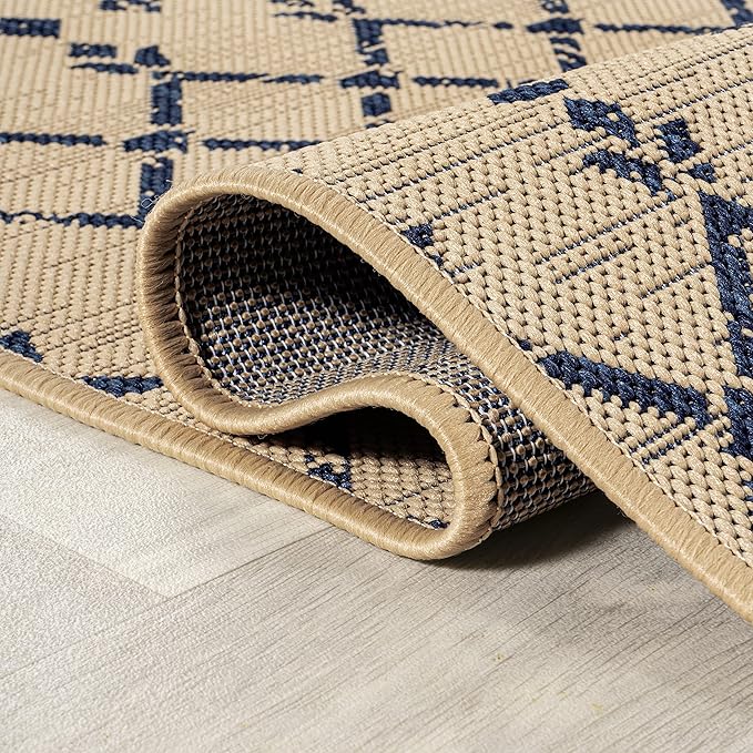 JONATHAN Y SMB108H-210 Ourika Moroccan Geometric Textured Weave Indoor Outdoor Runner Rug, Coastal,Traditional,Transitional Easy Clean,Bedroom,Kitchen,Backyard,Patio, Non-Shed, Beige/Navy, 2 X 10