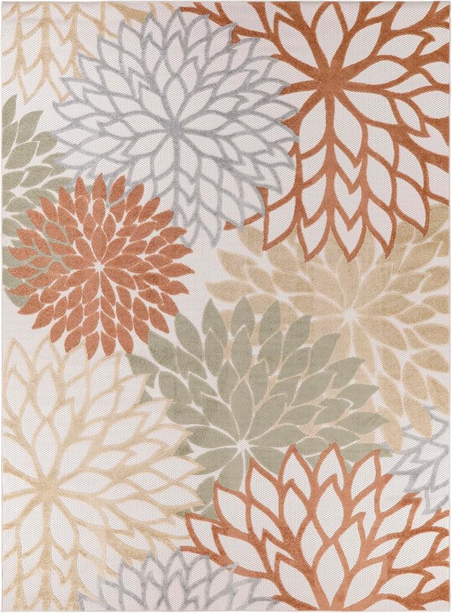Nourison Home Aloha Indoor-Outdoor Ivory Multicolor 7'10" x 10'6" Area Rug, Easy Cleaning, Non Shedding, Bed Room, Living Room, Dining Room, Backyard, Deck, Patio (8x11)