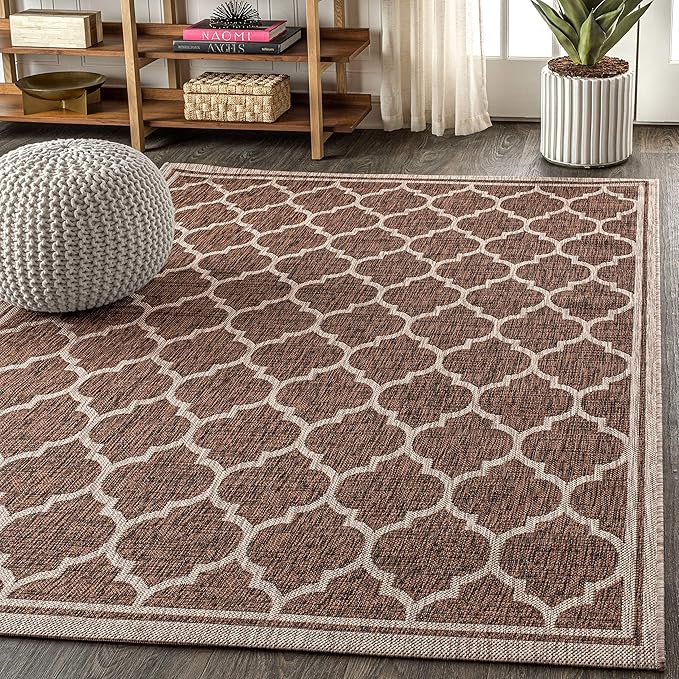 Eyely BMS109B-8 Santa Monica Trebol Moroccan Trellis Textured Weave Indoor/Outdoor Area Rug Coastal;Bohemian, Bedroom, Backyard, Patio, Easy-Cleaning, Non-Shedding, 8 X 10, Espresso/Taupe