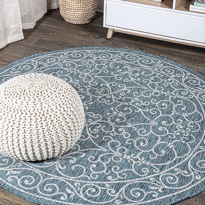 JONATHAN Y SMB106F-8R Charleston Vintage Filigree Textured Weave Teal/Gray 8' Round Indoor/Outdoor Area Rug, Pet Friendly, Non-Shedding, Stain Resistant, Easy-Cleaning for Backyard, Patio, Porch