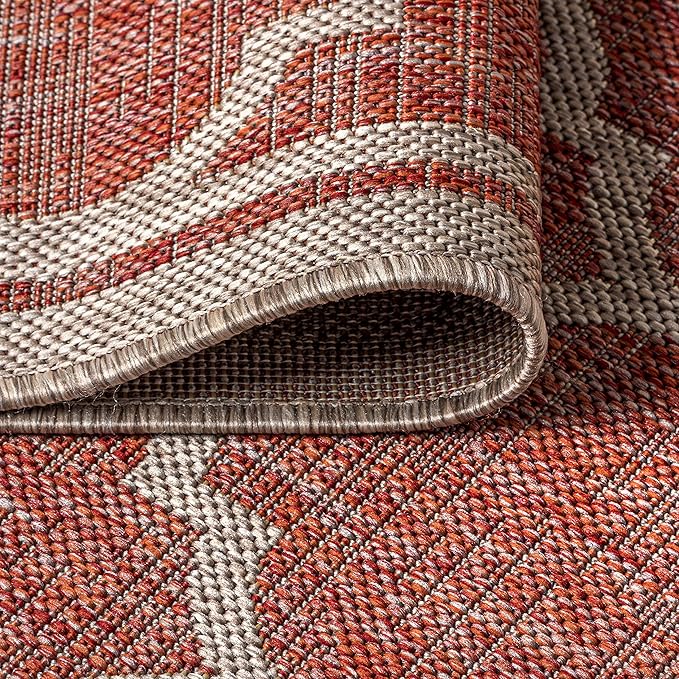 Eyely BMS109C-6R Santa Monica Trebol Moroccan Trellis Textured Weave, Pet Friendly, Non-Shedding, Stain Resistant, Easy-Cleaning, Red/Beige, 6' Round, Indoor/Outdoor, Area Rug