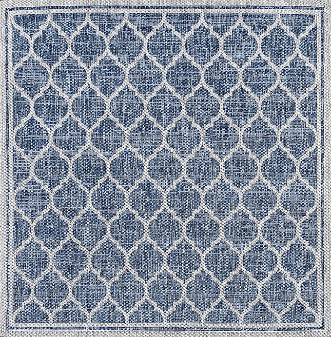 Eyely BMS109D-3SQ Santa Monica Trebol Moroccan Trellis Textured Weave, Pet Friendly, Non-Shedding, Stain Resistant, Easy-Cleaning, Navy/Gray, 3' Square, Indoor/Outdoor, Area Rug