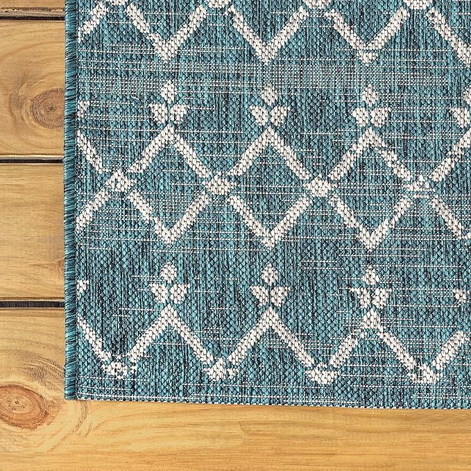 JONATHAN Y SMB108C-5R Ourika Moroccan Geometric Textured Weave Indoor Outdoor Area Rug, Bohemian, Rustic, Scandinavian Easy-Cleaning,Bedroom,Kitchen,Backyard,Patio,Non Shedding, Teal/Gray, 5' Round