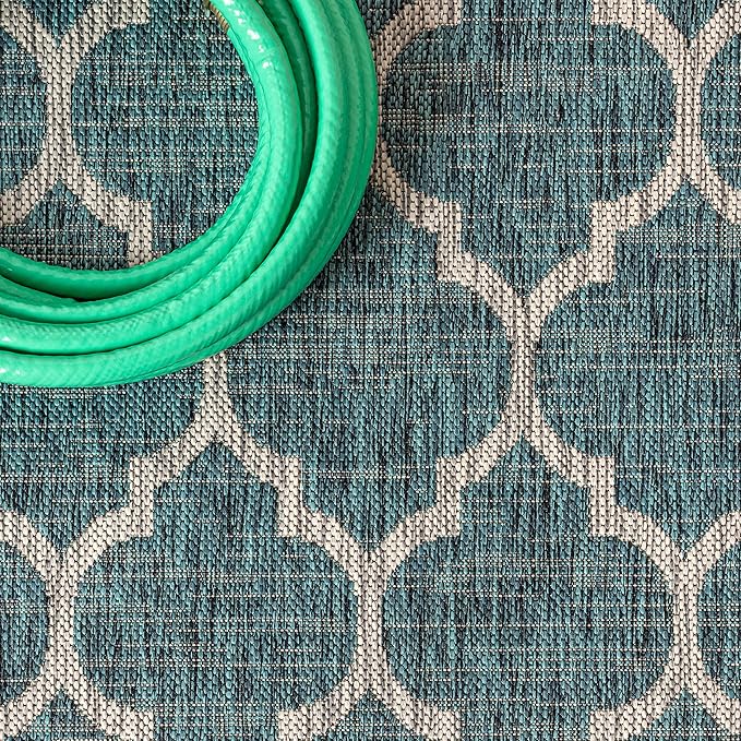 Eyely BMS109E-28 Santa Monica Trebol Moroccan Trellis Textured Weave Indoor/Outdoor Runner Rug Coastal;Bohemian, Bedroom, Backyard, Patio, Easy-Cleaning, Non-Shedding, 2 X 8, Teal/Gray