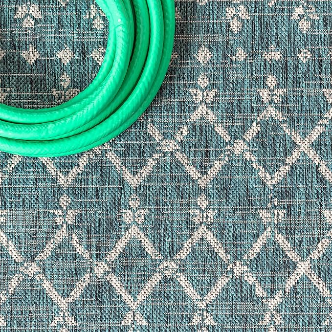 JONATHAN Y SMB108C-5R Ourika Moroccan Geometric Textured Weave Indoor Outdoor Area Rug, Bohemian, Rustic, Scandinavian Easy-Cleaning,Bedroom,Kitchen,Backyard,Patio,Non Shedding, Teal/Gray, 5' Round