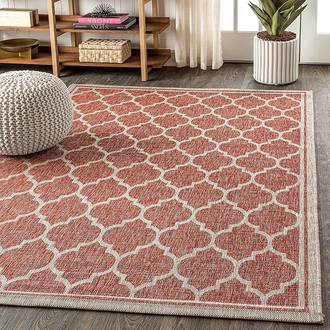 Eyely BMS109C-9 Santa Monica Trebol Moroccan Trellis Textured Weave Indoor/Outdoor Area Rug Coastal;Bohemian, Bedroom, Backyard, Patio, Easy-Cleaning, Non-Shedding, 9 X 12, Red/Beige