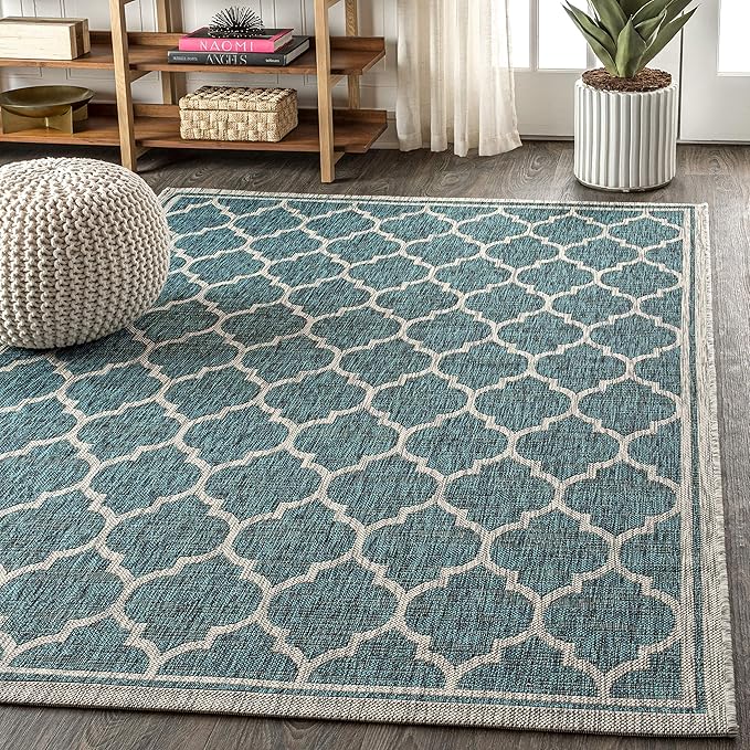 Eyely BMS109E-5 Santa Monica Trebol Moroccan Trellis Textured Weave Indoor/Outdoor Area Rug Coastal;Bohemian, Bedroom, Backyard, Patio, Easy-Cleaning, Non-Shedding, 5 X 8, Teal/Gray